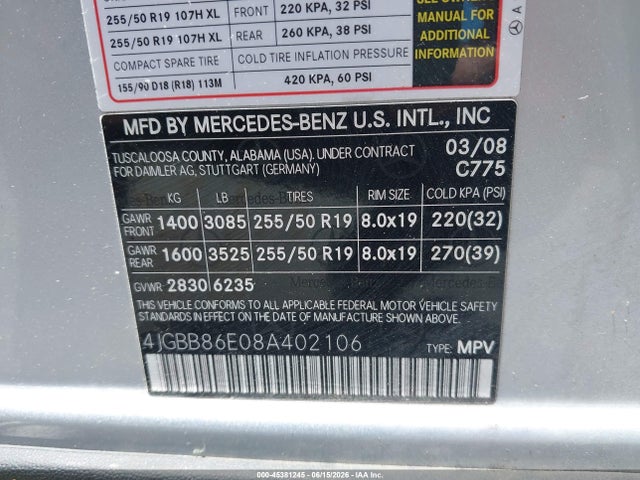 Aukcja sprzedaży 2008 Mercedes-benz Ml 350 4matic, vin: 4JGBB86E08A402106, numer aukcji: 45381245