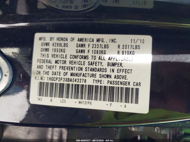 Aukcja sprzedaży 2011 Honda Accord 2.4 Lx, vin: 1HGCP2F3XBA043278, numer aukcji: 45381277