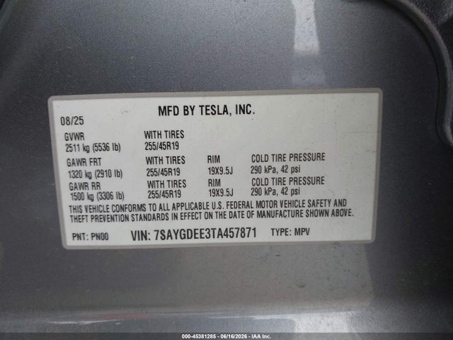 Продаж на аукціоні авто 2026 Tesla Model Y All-wheel Drive/long Range Launch Series/premium All-wheel Drive, vin: 7SAYGDEE3TA457871, номер лоту: 45381285
