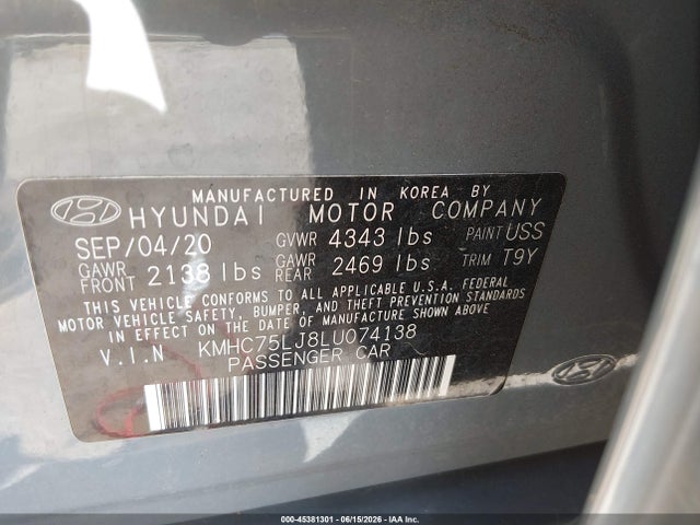 45381301 :رقم المزاد ، KMHC75LJ8LU074138 vin ، 2020 Hyundai Ioniq Electric Se مزاد بيع