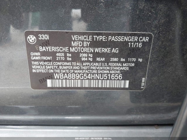 2017 Bmw 330i მანქანა იყიდება აუქციონზე, vin: WBA8B9G54HNU51656, აუქციონის ნომერი: 45381327