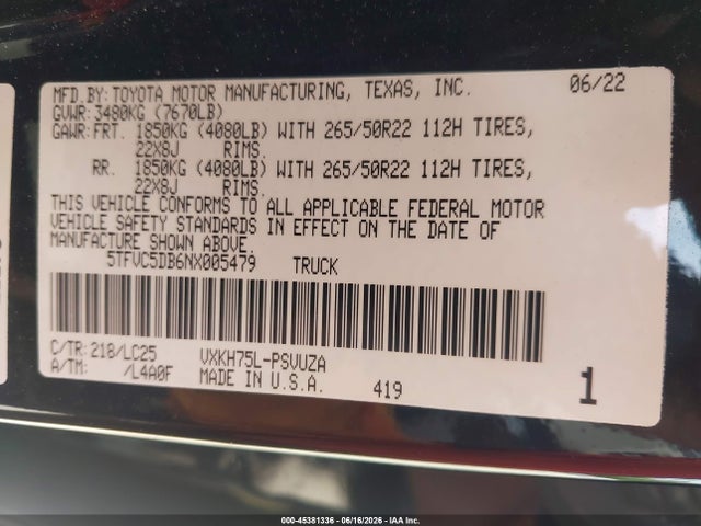 45381336 :رقم المزاد ، 5TFVC5DB6NX005479 vin ، 2022 Toyota Tundra Hybrid Capstone مزاد بيع