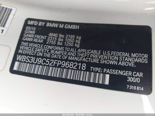 2015 Bmw M4 მანქანა იყიდება აუქციონზე, vin: WBS3U9C52FP968218, აუქციონის ნომერი: 45381345