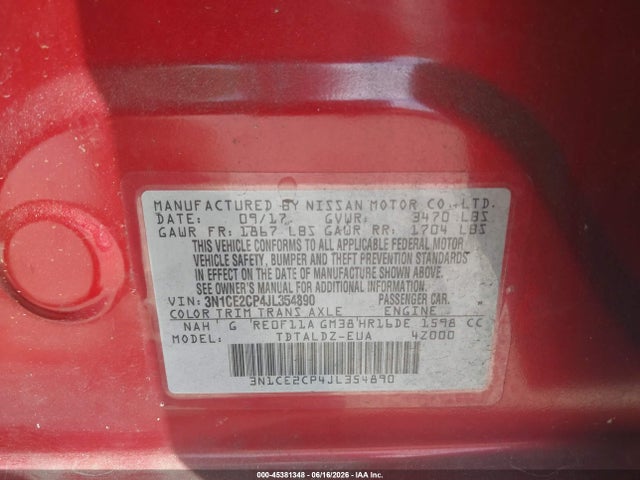 Продаж на аукціоні авто 2018 Nissan Versa Note Sv, vin: 3N1CE2CP4JL354890, номер лоту: 45381348