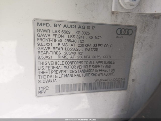 Продаж на аукціоні авто 2018 Audi Q7 3.0t Premium, vin: WA1VAAF72JD020249, номер лоту: 45381357