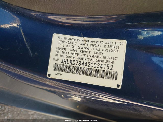 Продаж на аукціоні авто 2002 Honda Cr-v Lx, vin: JHLRD78442C034152, номер лоту: 45381370