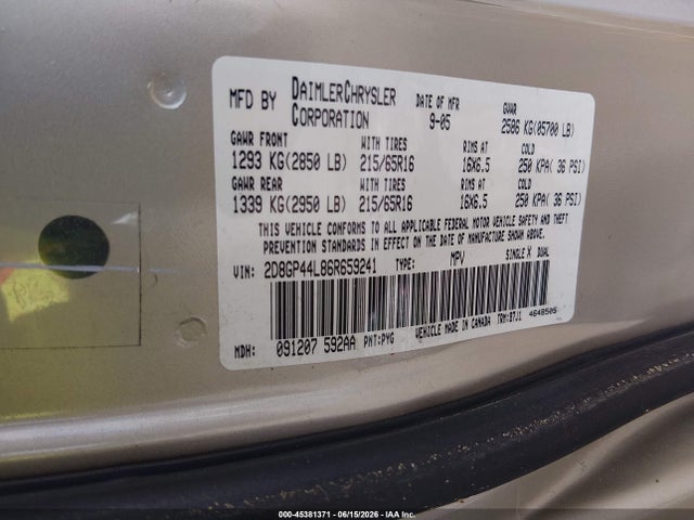 2006 Dodge Grand Caravan Sxt მანქანა იყიდება აუქციონზე, vin: 2D8GP44L86R659241, აუქციონის ნომერი: 45381371
