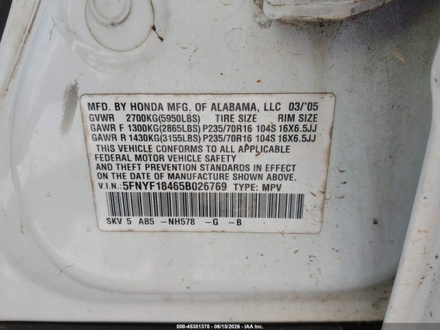 2005 Honda Pilot Ex მანქანა იყიდება აუქციონზე, vin: 5FNYF18465B026769, აუქციონის ნომერი: 45381378