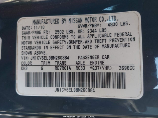Продажа на аукционе авто 2011 Infiniti G37x, vin: JN1CV6EL9BM260884, номер лота: 45381380