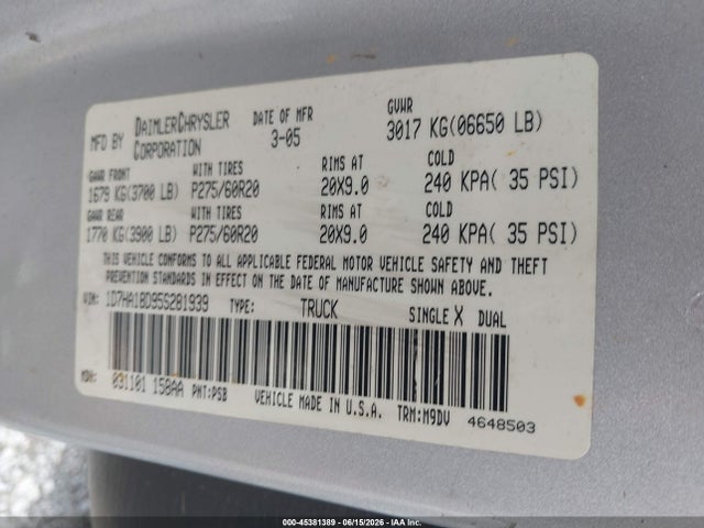 45381389 :رقم المزاد ، 1D7HA18D95S281939 vin ، 2005 Dodge Ram 1500 Slt/laramie مزاد بيع