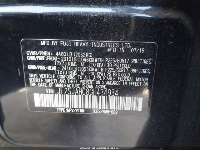 Aukcja sprzedaży 2016 Subaru Forester 2.5i Limited, vin: JF2SJAHC8GH434934, numer aukcji: 45381397