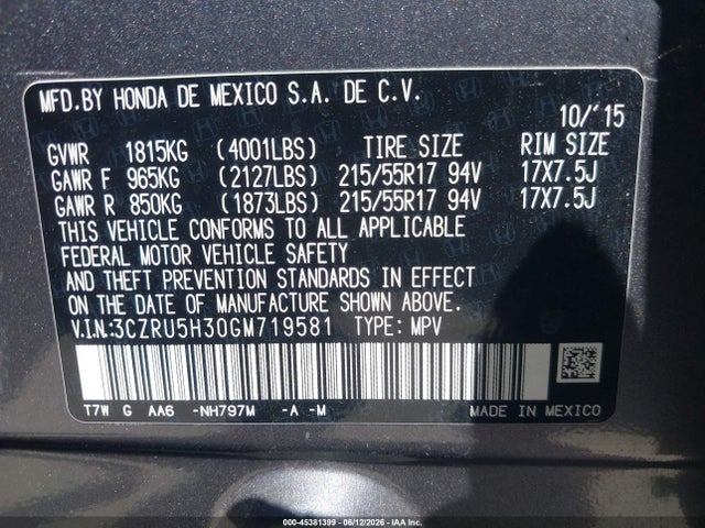 Продажа на аукционе авто 2016 Honda Hr-v Lx, vin: 3CZRU5H30GM719581, номер лота: 45381399