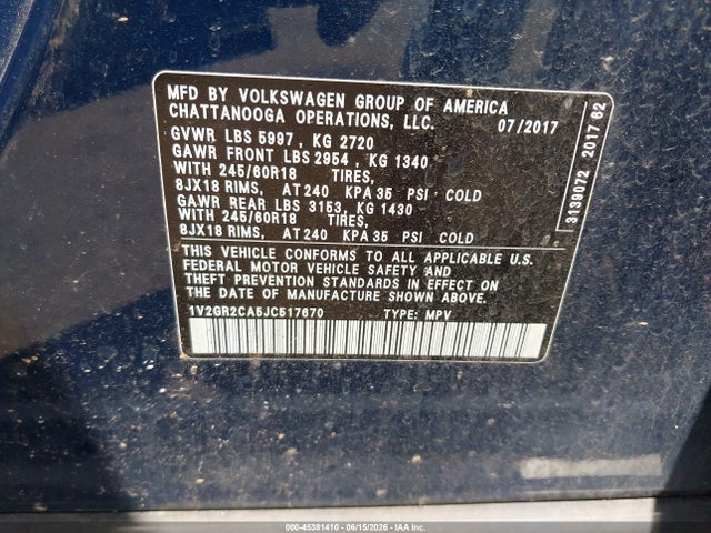 Auction sale of the 2018 Volkswagen Atlas 3.6l V6 S, vin: 1V2GR2CA5JC517670, lot number: 45381410