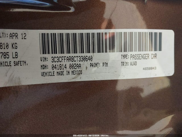 2012 Fiat 500 Pop მანქანა იყიდება აუქციონზე, vin: 3C3CFFAR8CT330640, აუქციონის ნომერი: 45381412