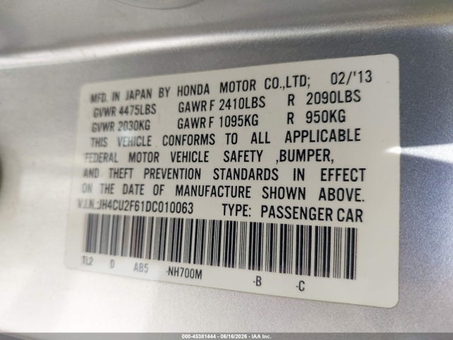 45381444 :رقم المزاد ، JH4CU2F61DC010063 vin ، 2013 Acura Tsx 2.4 مزاد بيع