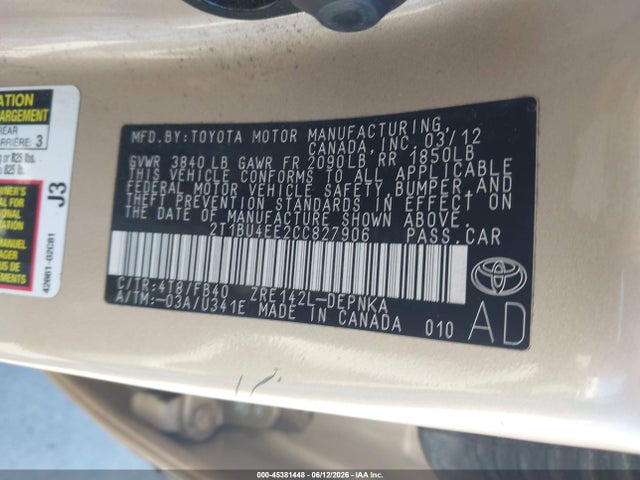 Aukcja sprzedaży 2012 Toyota Corolla Le, vin: 2T1BU4EE2CC827906, numer aukcji: 45381448