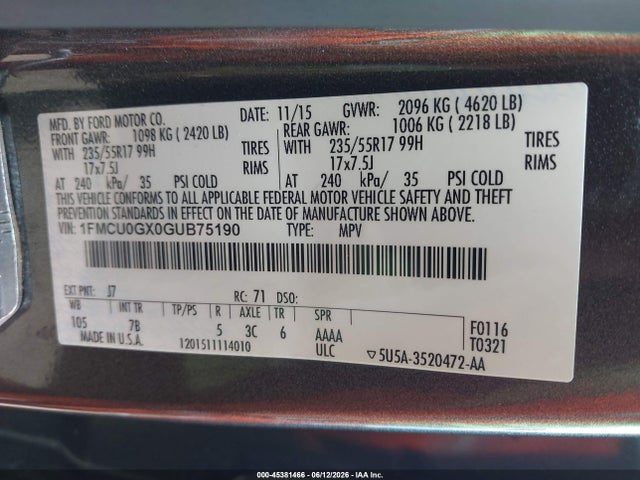 Продажа на аукционе авто 2016 Ford Escape Se, vin: 1FMCU0GX0GUB75190, номер лота: 45381466