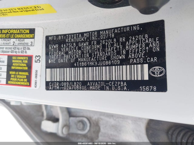 45381493 :رقم المزاد ، 4T1B61HK9JU086109 vin ، 2018 Toyota Camry Xse مزاد بيع