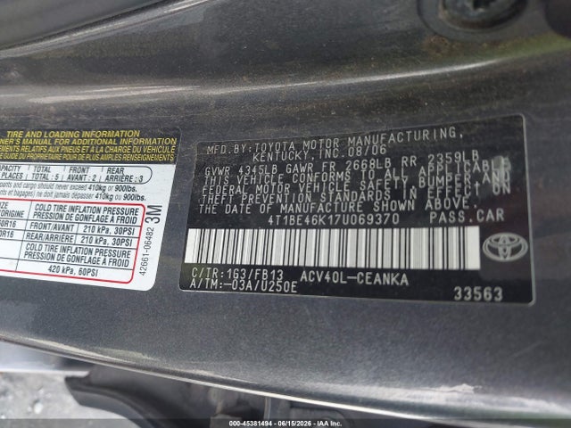 Продажа на аукционе авто 2007 Toyota Camry Le, vin: 4T1BE46K17U069370, номер лота: 45381494