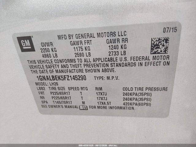 Продаж на аукціоні авто 2015 Chevrolet Equinox Lt, vin: 1GNALBEK5FZ145290, номер лоту: 45381525