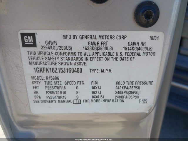 Продажа на аукционе авто 2005 Gmc Yukon Xl 1500 Slt, vin: 1GKFK16Z15J160460, номер лота: 45381530