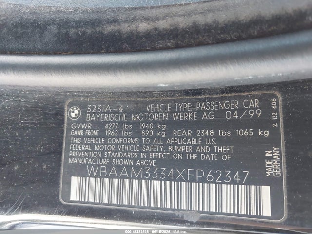 Продаж на аукціоні авто 1999 Bmw 323i, vin: WBAAM3334XFP62347, номер лоту: 45381536