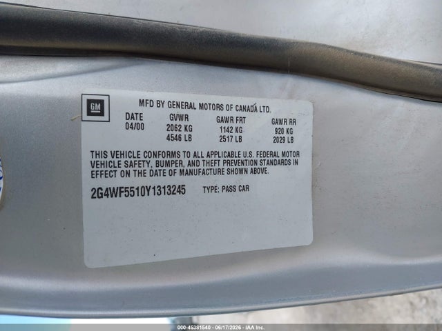 Продаж на аукціоні авто 2000 Buick Regal Gs, vin: 2G4WF5510Y1313245, номер лоту: 45381540