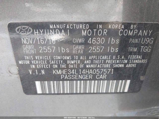 2017 Hyundai Sonata Hybrid Limited მანქანა იყიდება აუქციონზე, vin: KMHE34L14HA057571, აუქციონის ნომერი: 45381546