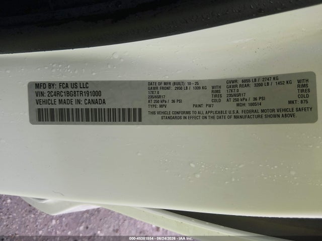 45381554 :رقم المزاد ، 2C4RC1BG8TR191000 vin ، 2026 Chrysler Pacifica Select مزاد بيع