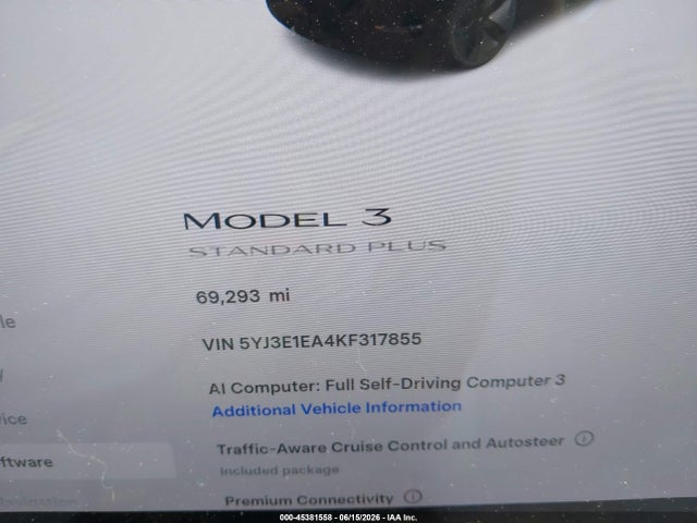 45381558 :رقم المزاد ، 5YJ3E1EA4KF317855 vin ، 2019 Tesla Model 3 Long Range/mid Range/standard Range/standard Range Plus مزاد بيع