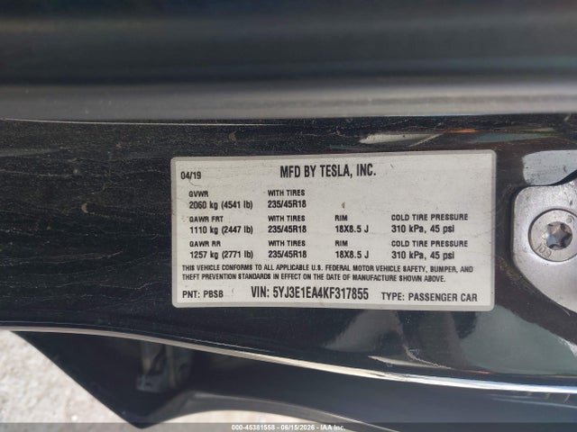 45381558 :رقم المزاد ، 5YJ3E1EA4KF317855 vin ، 2019 Tesla Model 3 Long Range/mid Range/standard Range/standard Range Plus مزاد بيع