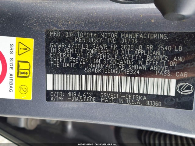 2016 Lexus Es 350 მანქანა იყიდება აუქციონზე, vin: 58ABK1GG0GU018324, აუქციონის ნომერი: 45381560