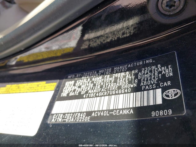 Aukcja sprzedaży 2007 Toyota Camry Ce, vin: 4T1BE46K87U646640, numer aukcji: 45381561