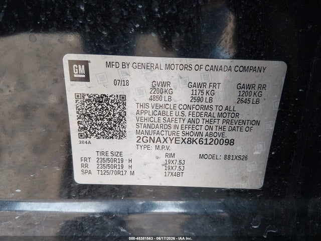 Aukcja sprzedaży 2019 Chevrolet Equinox Premier, vin: 2GNAXYEX8K6120098, numer aukcji: 45381563