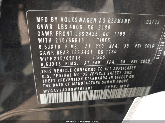 Aukcja sprzedaży 2016 Volkswagen Tiguan S, vin: WVGAV7AX9GW604806, numer aukcji: 45381575