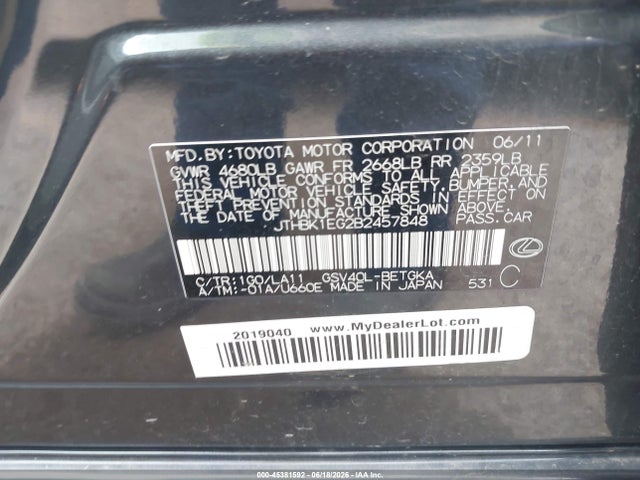 45381592 :رقم المزاد ، JTHBK1EG2B2457848 vin ، 2011 Lexus Es 350 مزاد بيع