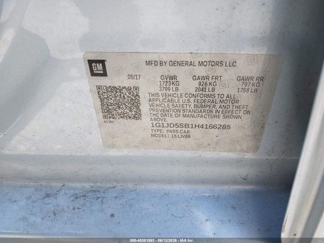2017 Chevrolet Sonic Lt Auto მანქანა იყიდება აუქციონზე, vin: 1G1JD5SB1H4166285, აუქციონის ნომერი: 45381593