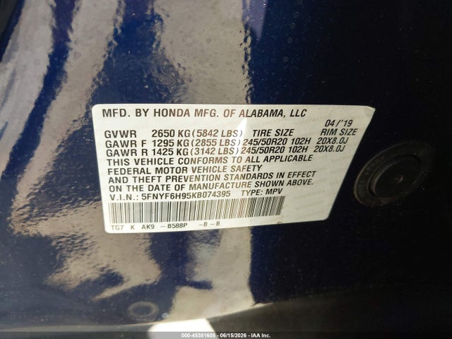 Honda Pilot Touring 2019 5FNYF6H95KB074395 Image 9