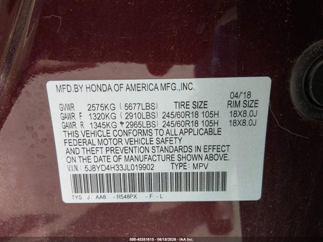 Продаж на аукціоні авто 2018 Acura Mdx, vin: 5J8YD4H33JL019902, номер лоту: 45381615