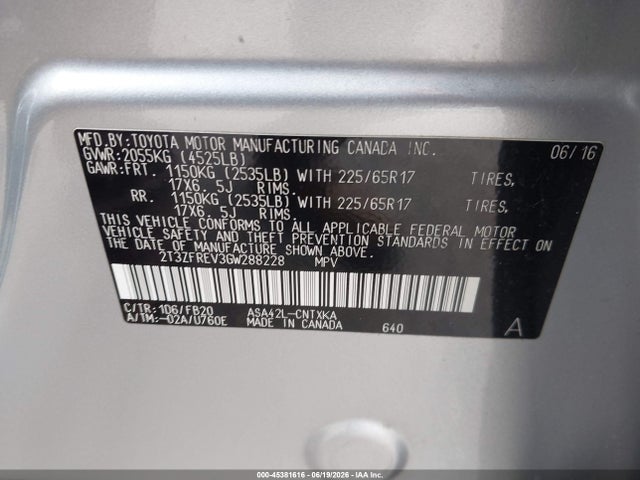 Auction sale of the 2016 Toyota Rav4 Le, vin: 2T3ZFREV3GW288228, lot number: 45381616