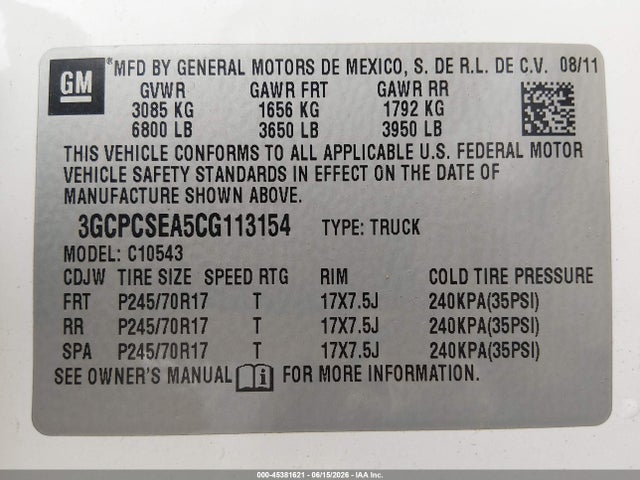 Продаж на аукціоні авто 2012 Chevrolet Silverado 1500 Lt, vin: 3GCPCSEA5CG113154, номер лоту: 45381621
