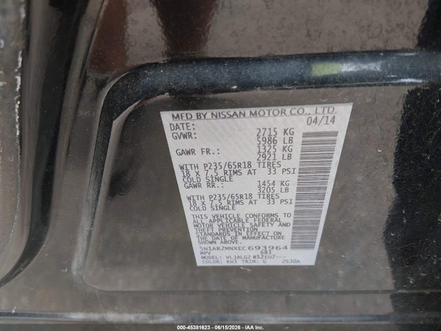 Aukcja sprzedaży 2014 Nissan Pathfinder Sl, vin: 5N1AR2MNXEC693964, numer aukcji: 45381623