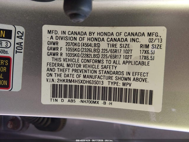 2013 Honda Cr-v Ex მანქანა იყიდება აუქციონზე, vin: 2HKRM4H5XDH635013, აუქციონის ნომერი: 45381629