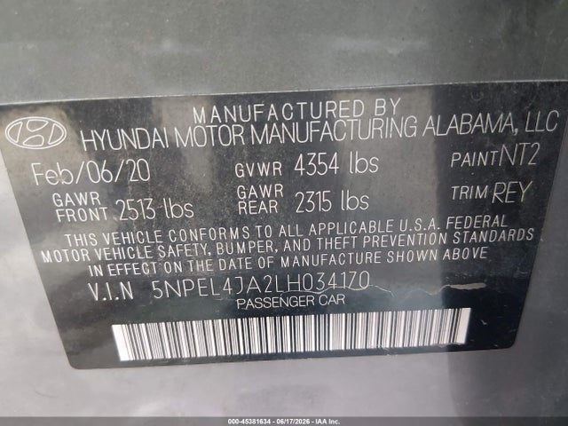 Продажа на аукционе авто 2020 Hyundai Sonata Sel, vin: 5NPEL4JA2LH034170, номер лота: 45381634