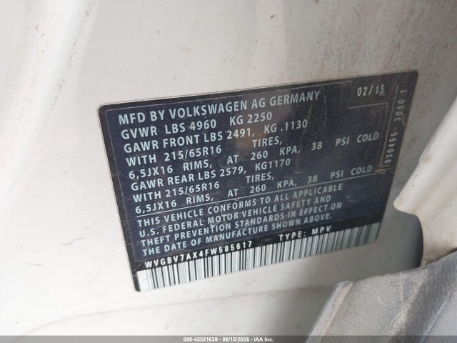 Aukcja sprzedaży 2015 Volkswagen Tiguan S, vin: WVGBV7AX4FW585617, numer aukcji: 45381639