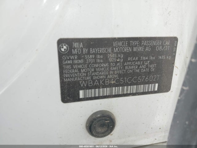 2012 Bmw 740li მანქანა იყიდება აუქციონზე, vin: WBAKB4C51CC576021, აუქციონის ნომერი: 45381651