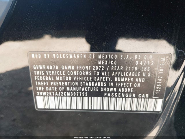 2012 Volkswagen Jetta 2.0l S მანქანა იყიდება აუქციონზე, vin: 3VW2K7AJ2CM397793, აუქციონის ნომერი: 45381658