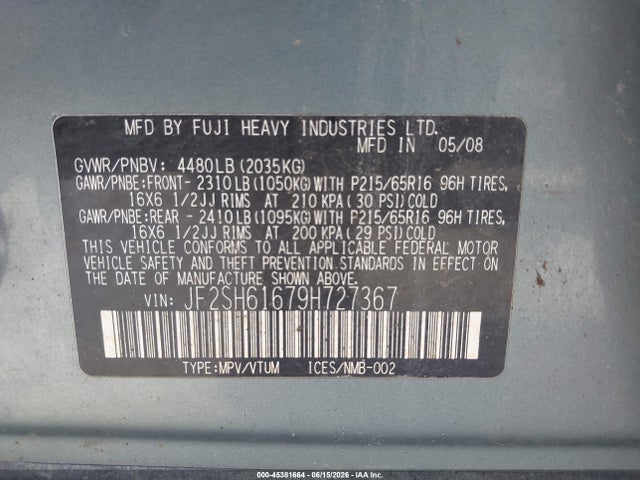 2009 Subaru Forester 2.5x მანქანა იყიდება აუქციონზე, vin: JF2SH61679H727367, აუქციონის ნომერი: 45381664