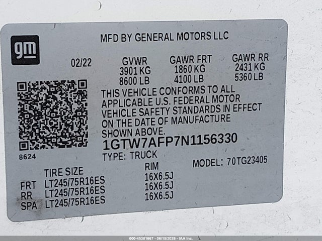 Aukcja sprzedaży 2022 Gmc Savana Cargo Rwd 2500 Regular Wheelbase Work Van, vin: 1GTW7AFP7N1156330, numer aukcji: 45381667