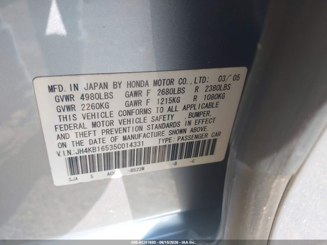 Aukcja sprzedaży 2005 Acura Rl 3.5, vin: JH4KB16535C014331, numer aukcji: 45381680